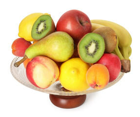 Glass vase with different fresh fruits isolated on white