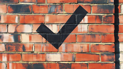 Pop art comic street graffiti with a checkmark icon on a brick wall.