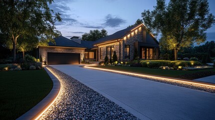 Modern House with Stone Facade and Landscape Lighting