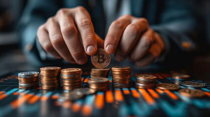 A businessman's hand is holding coins and sitting on the background of stock market charts, with a pile of stacked coins in front, representing the bitcoin concept