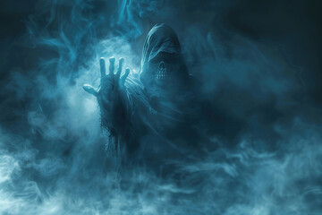Scary grim reaper with scythe in hell on dark background with dramatic background