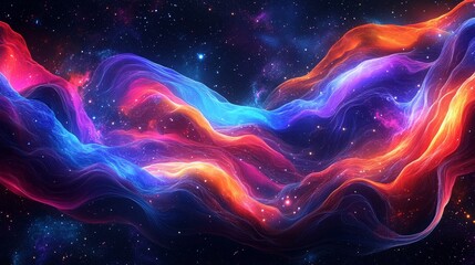 Obraz premium A trippy psychedelic space backdrop with pulsating, neon-colored cosmic waves flowing through a star-filled galaxy. 