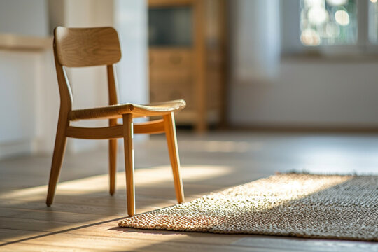 Minimalist Wooden Chair with Blurred Natural-Colored Rug in the Foreground &ndash; Creating a Cozy, Sophisticated Space for Simple and Elegant Interior Design