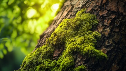 A tree trunk covered in vibrant moss contrasts with rough bark, illuminated by gentle sunlight.