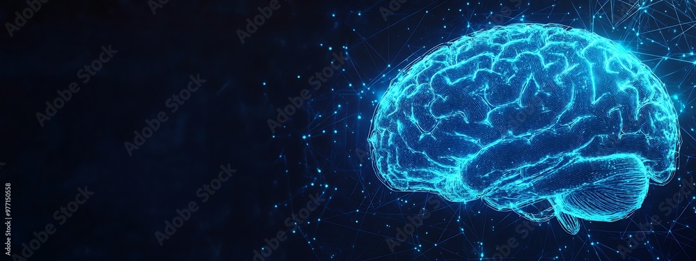 Poster a digital representation of a human brain with a blue glow and connecting lines