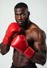A heavyweight African American boxer poses confidently with red gloves against a white background, highlighting strength and focus.






