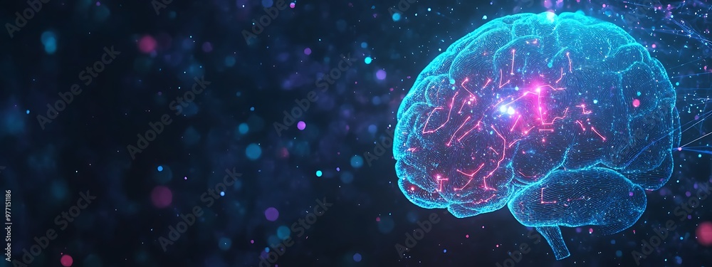Poster A Wireframe Rendering of the Human Brain with Glowing Connections and a Dark Blue Background