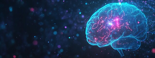 A Wireframe Rendering of the Human Brain with Glowing Connections and a Dark Blue Background