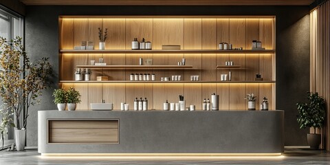 grey wooden luxury wall retail display shelf with drawer 