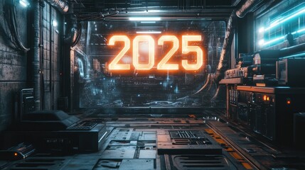 Obraz premium Futuristic Corridor with Neon 2025 Sign in Sci-Fi Setting