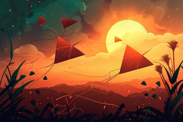 Beautiful greeting card with colorful kites soaring high above vibrant sky to holiday composition