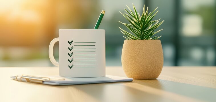 A cozy workspace featuring a checklist mug, green plant, and pen on a wooden table, perfect for productivity and organization. 3D