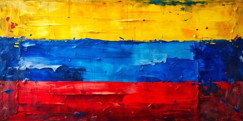 Vibrant abstract painting radiates warmth with bold swaths of blue, red, and yellow, creating a sense of national