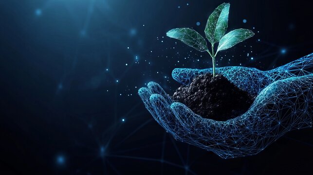 Abstract Digital 3d hands holding soil with sprout in dark blue. Abstract vector wireframe of plant. Growth, environment, nature, ecology concept. Polygonal mesh with dots, lines, shapes and flying 