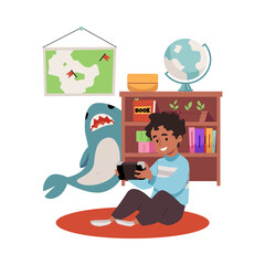 Vector graphic with a child enthusiastically playing with a game console next to a books