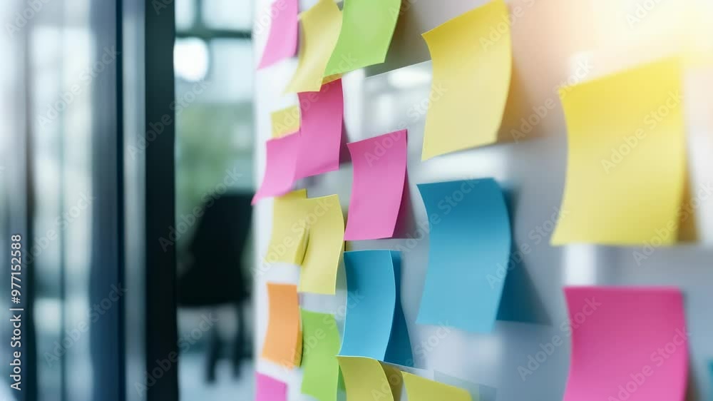 Poster colorful sticky notes on a glass wall in a modern office space. collaborative brainstorming session 
