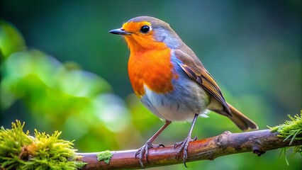 Fototapeta premium Vibrant bird perches on a branch against a natural backdrop, showcasing its striking orange beak and plumage.