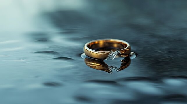 A broken wedding ring on a reflective surface, capturing the symbolism of divorce and the emotional weight of separation