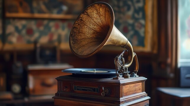 An antique gramophone with a horn speaker, ready to play a classic record