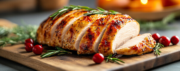 Juicy roasted chicken breast garnished with fresh herbs and berries on a wooden cutting board, perfect for culinary presentations.