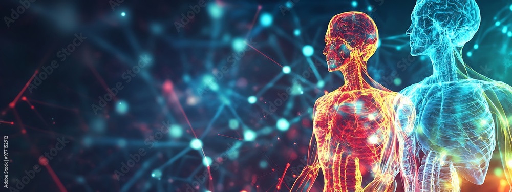 Poster two transparent human figures with glowing nerves and muscles against a network background