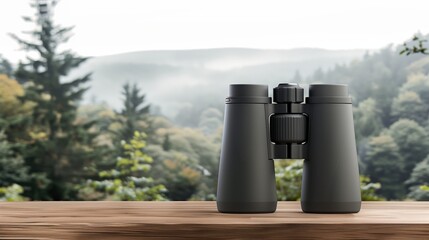 Obraz premium A pair of binoculars resting on a wooden table, overlooking a serene forest landscape with misty mountains in the background.