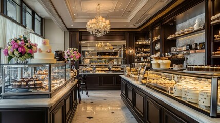 An elegant dessert specializes in decadent pastries, cakes, and chocolates, all handcrafted with the finest ingredients and served in a stylish, intimate setting.