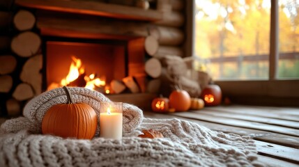 Cozy Autumn Cabin Retreat, warm fireplace glowing in rustic wooden surroundings, soft blankets draped invitingly, pumpkins and fall decor enhancing the serene ambiance