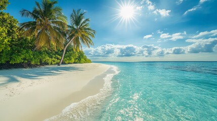 Naklejka premium An idyllic summer scene with a pristine white sandy beach and crystal-clear turquoise water. Palm trees provide shade, and the bright sun creates a warm, relaxing atmosphere.