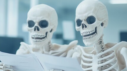 Skeleton Accountants in Costumes, a humorous scene of accountants in skeleton outfits analyzing financial reports in a corporate office, fusing Halloween flair with business seriousness.