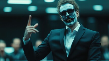 Vampire Executive Presentation, a corporate boardroom scene where a CEO in vampire attire commands attention, merging business authority with gothic elegance.