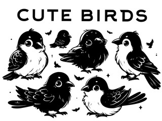 set of cute birds, black and white bird icon