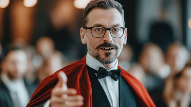 Vampire Executive's Boardroom Briefing, a powerful CEO in a vampire costume commanding attention in a sleek corporate setting, merging business acumen with dark allure.