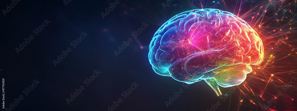 Poster a vibrant, abstract rendering of the human brain with radiating lines of light.