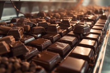 Obraz premium Industrial chocolate factory making candies with machinery and packaging process.