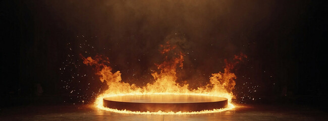  Fire podium background flame hot stage platform show black light. Fire burn background red podium gold pedestal effect round stand award golden product abstract spark orange steel glow fiery inferno.