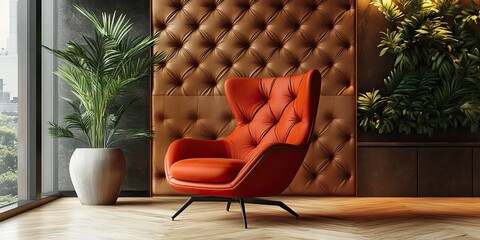 modern vip airport lounge with luxury red armchair, elegant leather wall and beautiful wooden floor 