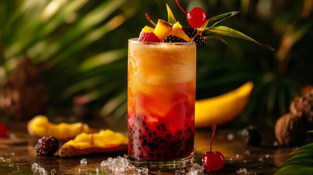 Capture the essence of a tropical zombie cocktail, with its layers of rum and fruit juices, garnished with exotic fruits and a cherry.