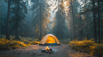 camping tent in the forest.Summer camp with bonfire, tent, backpack . landscape with mountain, forest and campsite.