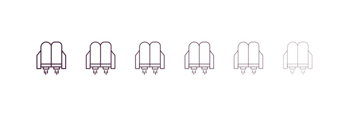 jet pack outline icon. Linear vector from astronomy concept. 6 different line style jet pack icon included thin, light, regular, medium, bold, black.