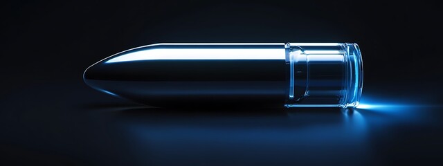 Shiny Metal Bullet with Blue Glow on Dark Background