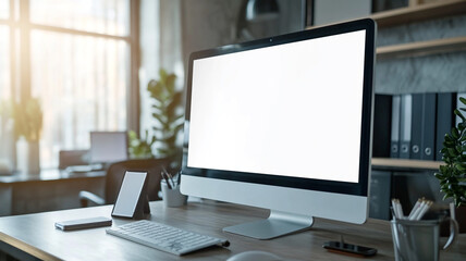 Fototapeta premium Modern workspace with blank computer screen, minimalistic decor, and natural light in office setting