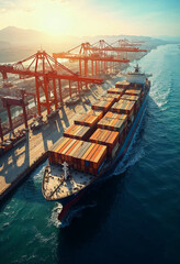 Naklejka premium Aerial view of a container ship at a busy port, ideal for a global trade promotional ad.