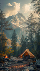 camping tent in the forest.Summer camp with bonfire, tent, backpack . landscape with mountain, forest and campsite.