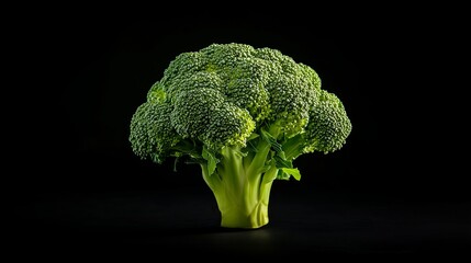 A vibrant broccoli floret shines against a black background, highlighting its beauty and textures.