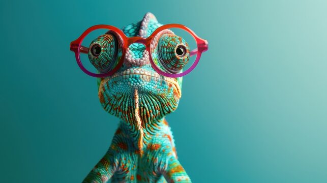 Chameleon wearing round red glasses, staring directly at the camera with its bulging eyes