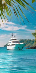 Fototapeta premium A large white boat is floating in the ocean near a palm tree. The scene is serene and peaceful, with the boat and the palm tree creating a sense of relaxation and tranquility
