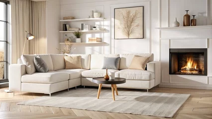 modern living room with fireplace, modern living room, living room interior, Simple living room in a modern farmhouse with little decoration Brown leather sofa and armchairs with a gas fireplace with  © MARUF