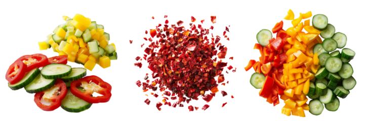 Diced bell peppers and cucumbers on isolated transparent background
