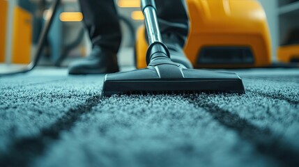 Fototapeta premium A janitor carefully vacuuming a carpet, with a close-up on the vacuum cleaner and the neat lines being created